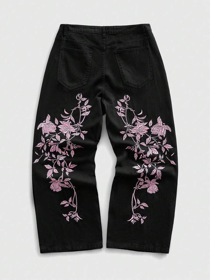 Anime Men's Fashion Floral Curved Knife Denim Jeans