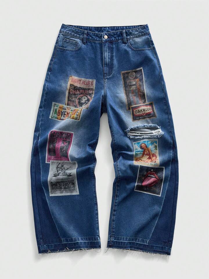 Street Life Men's Straight Leg Figure Print Distressed Wide Leg Jeans