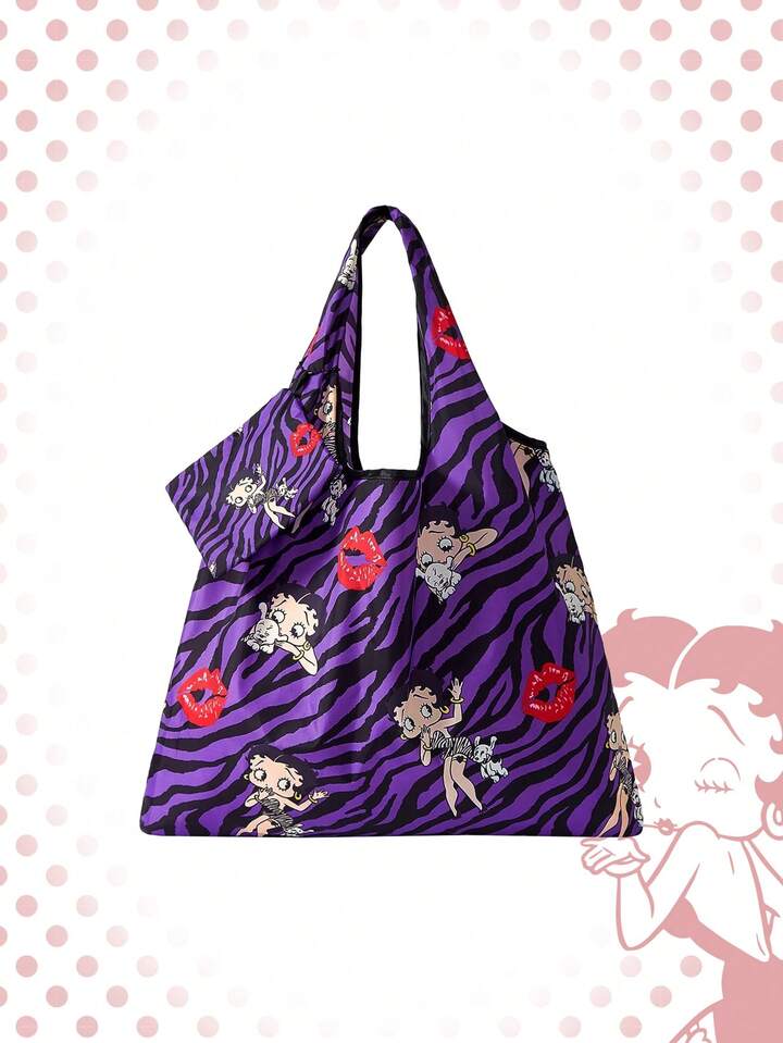 Betty Boop | ROMWE Large Capacity Foldable Tote Bag With Coin Pouch, Portable Shopping Bag , Purple
