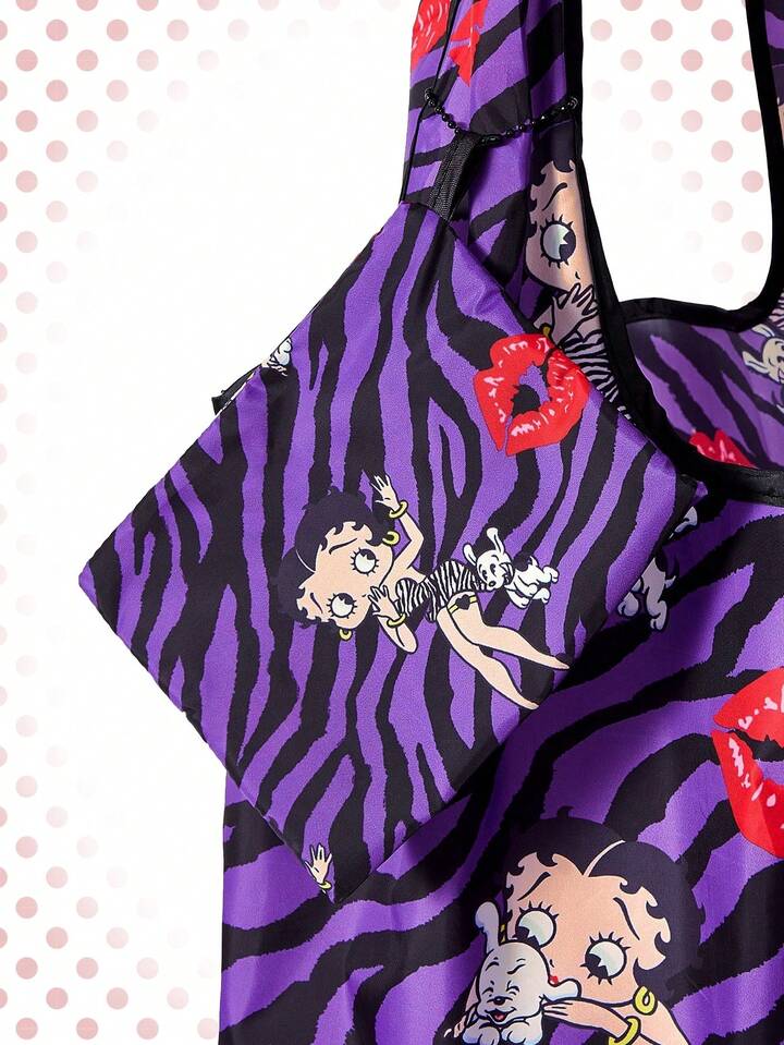 Betty Boop | ROMWE Large Capacity Foldable Tote Bag With Coin Pouch, Portable Shopping Bag , Purple 3 Betty Boop | ROMWE Large Capacity Foldable Tote Bag With Coin Pouch, Portable Shopping Bag , Purple