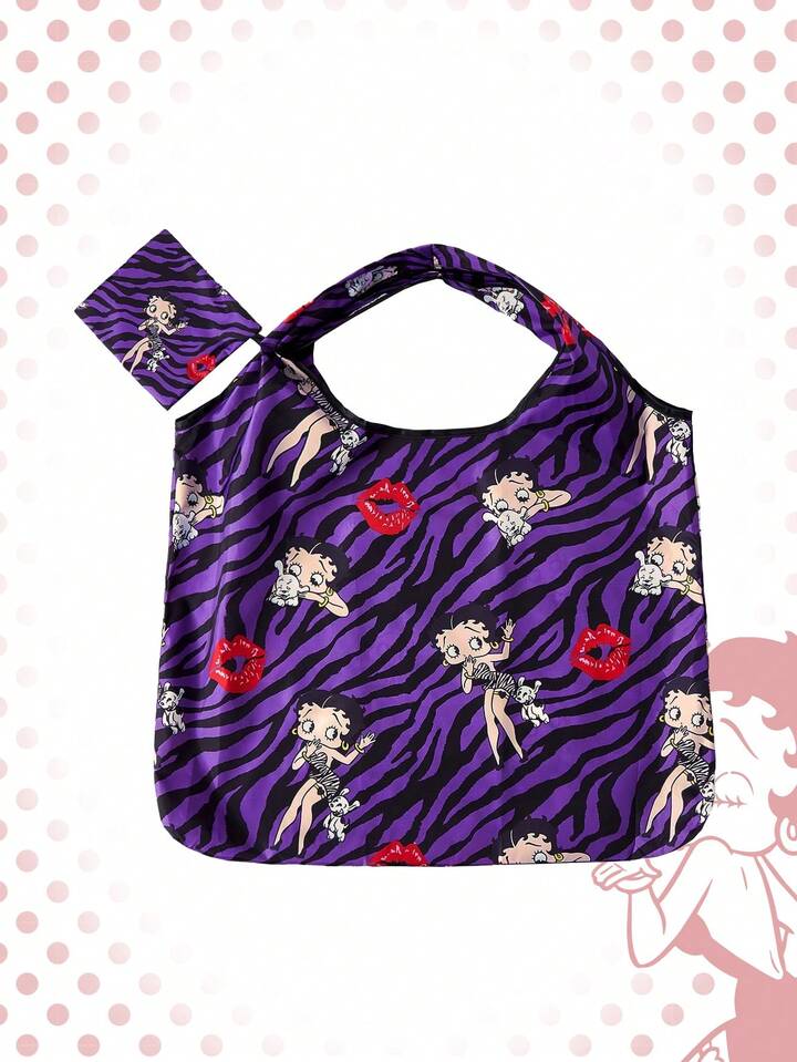 Betty Boop | ROMWE Large Capacity Foldable Tote Bag With Coin Pouch, Portable Shopping Bag , Purple 4 Betty Boop | ROMWE Large Capacity Foldable Tote Bag With Coin Pouch, Portable Shopping Bag , Purple