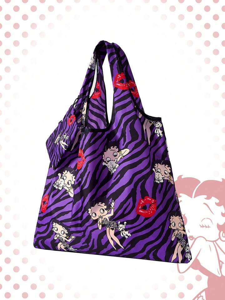 Betty Boop | ROMWE Large Capacity Foldable Tote Bag With Coin Pouch, Portable Shopping Bag , Purple 5 Betty Boop | ROMWE Large Capacity Foldable Tote Bag With Coin Pouch, Portable Shopping Bag , Purple