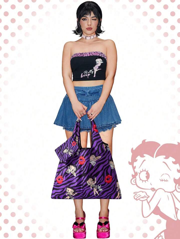 Betty Boop | ROMWE Large Capacity Foldable Tote Bag With Coin Pouch, Portable Shopping Bag , Purple 7 Betty Boop | ROMWE Large Capacity Foldable Tote Bag With Coin Pouch, Portable Shopping Bag , Purple