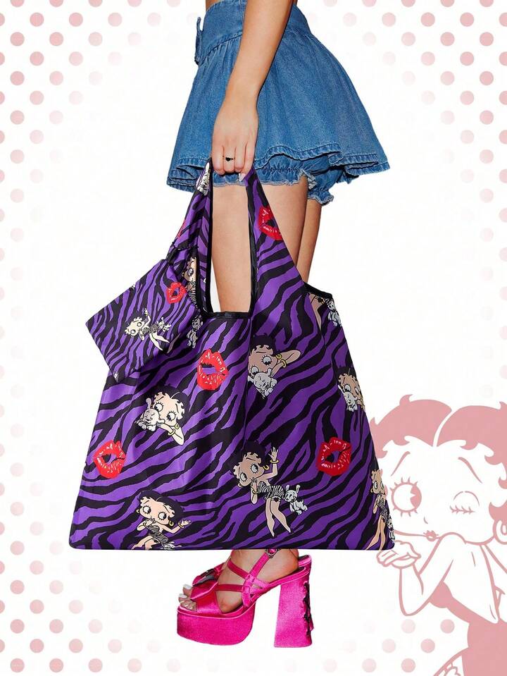 Betty Boop | ROMWE Large Capacity Foldable Tote Bag With Coin Pouch, Portable Shopping Bag , Purple 8 Betty Boop | ROMWE Large Capacity Foldable Tote Bag With Coin Pouch, Portable Shopping Bag , Purple