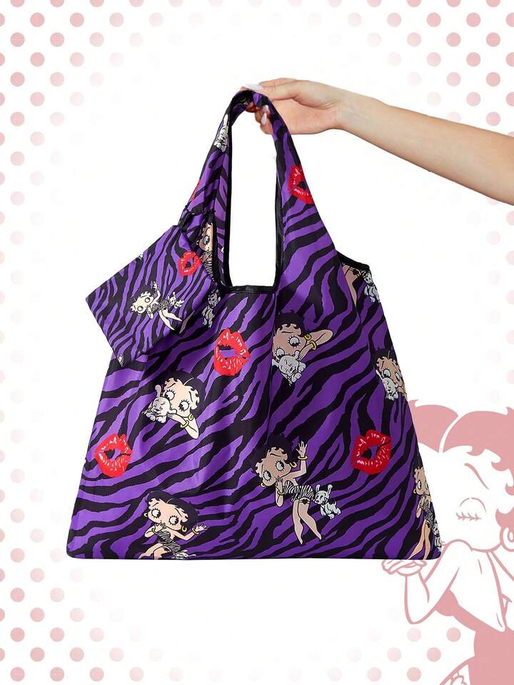 Betty Boop | ROMWE Large Capacity Foldable Tote Bag With Coin Pouch, Portable Shopping Bag , Purple 9 Betty Boop | ROMWE Large Capacity Foldable Tote Bag With Coin Pouch, Portable Shopping Bag , Purple