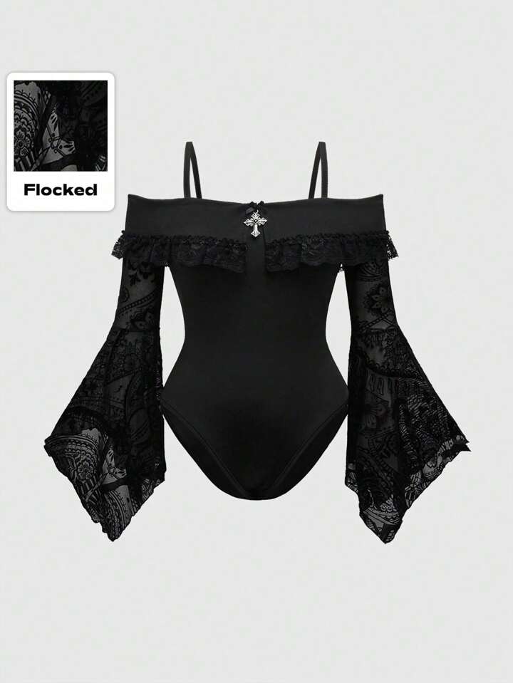 1pc Women Plus Size Gothic Metal Cross Off Shoulder Asymmetrical Hem Flocked Flare Sleeve Bodysuit, For Winter