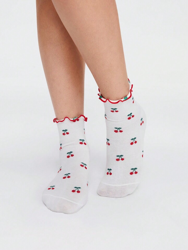 Kawaii 1 Pair Of Women Mid-Calf Socks With Cherry Pattern And Ruffled Edges, Suitable For All Seasons.