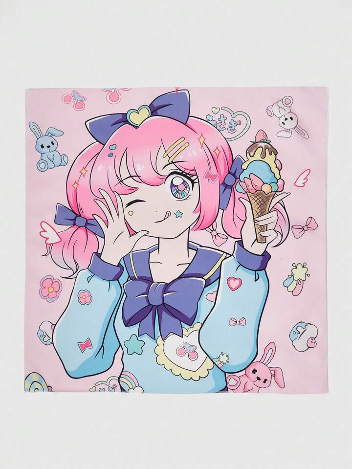 Anime 1pc Ice Cream & Sweet Girl Cartoon Print Small Square Scarf, Cute Bow, Rabbit, Dessert, Star Elements Versatile Accessory Neckerchief, Creative Multi-Purpose Bandana