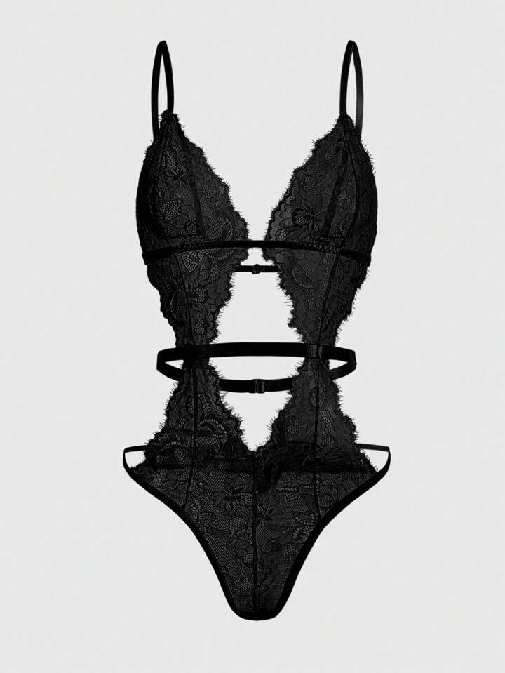 Goth Women's Eyelash Lace See-Through Bodysuit Lingerie, Baddie Look