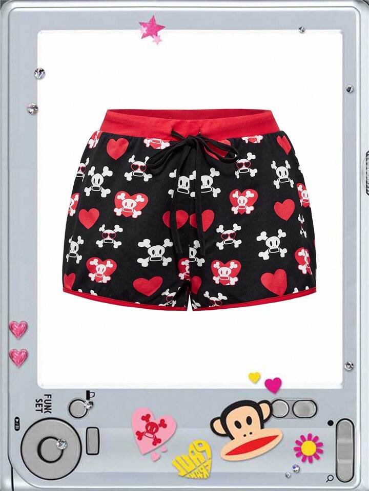 Paul Frank X ROMWE Colorblock Drawstring Waist Skull Pattern Elastic Waist Sleepwear Bottoms
