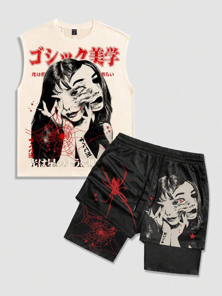 2pcs Men's Anime Streetwear Cartoon Y2K Print Tank Top Set