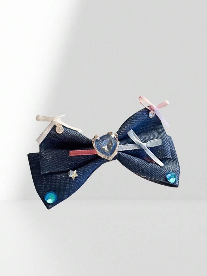 Anime 1 Pair Premium Bowknot Heart Crystal Dopamine Hair Clips, White & Blue, Minimalist Chic Sweet Cute Versatile Duck Clips Bangs Hair Accessories, Suitable For All Seasons