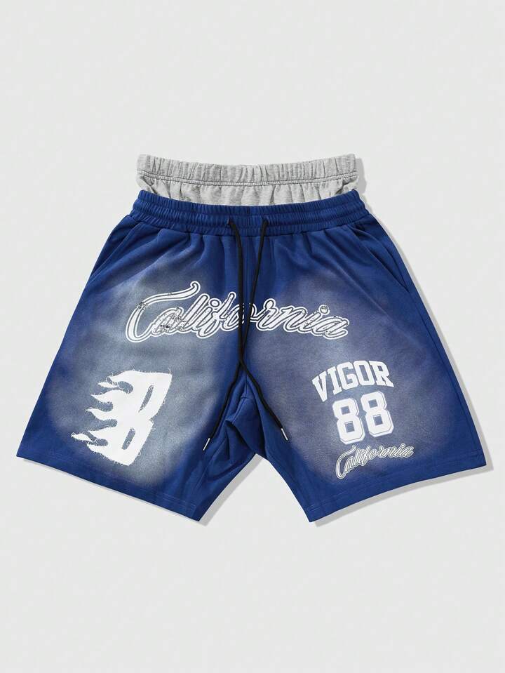 Prep Men's Basketball Street American Style Double-Waist Shorts, Horse Print & Letter Graphics, White, Elastic Drawstring