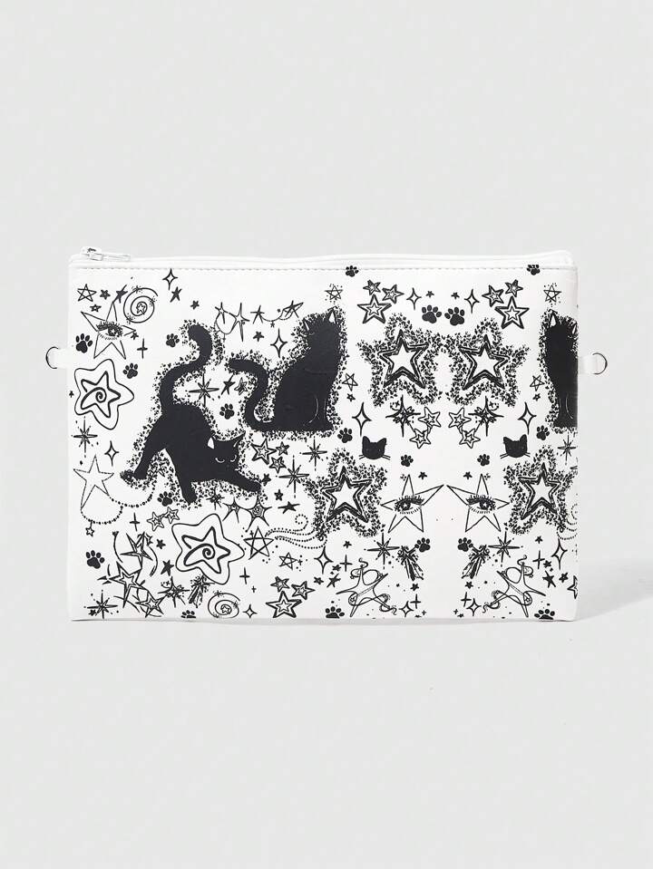 Grunge Punk 1pc White Handpainted Cat Women Clutch Bag