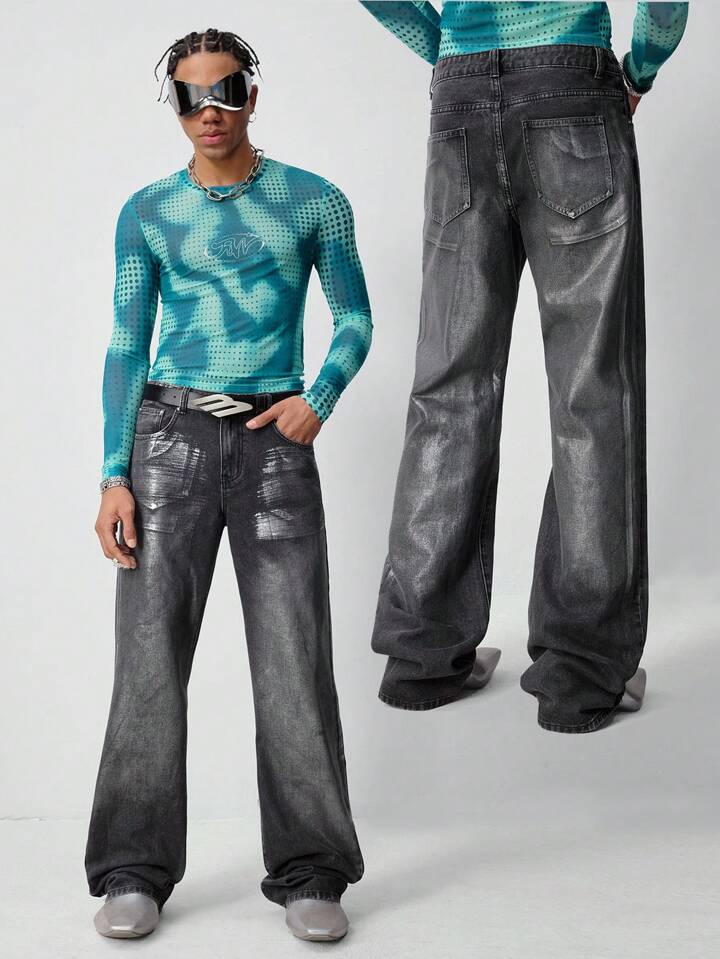 Street Life Men's Silver Solid Color Pocket Button Zipper Straight Casual Jeans