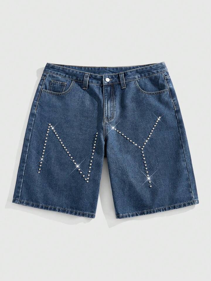 Men's Casual Summer Rhinestone Letter Studded Blue Denim Shorts