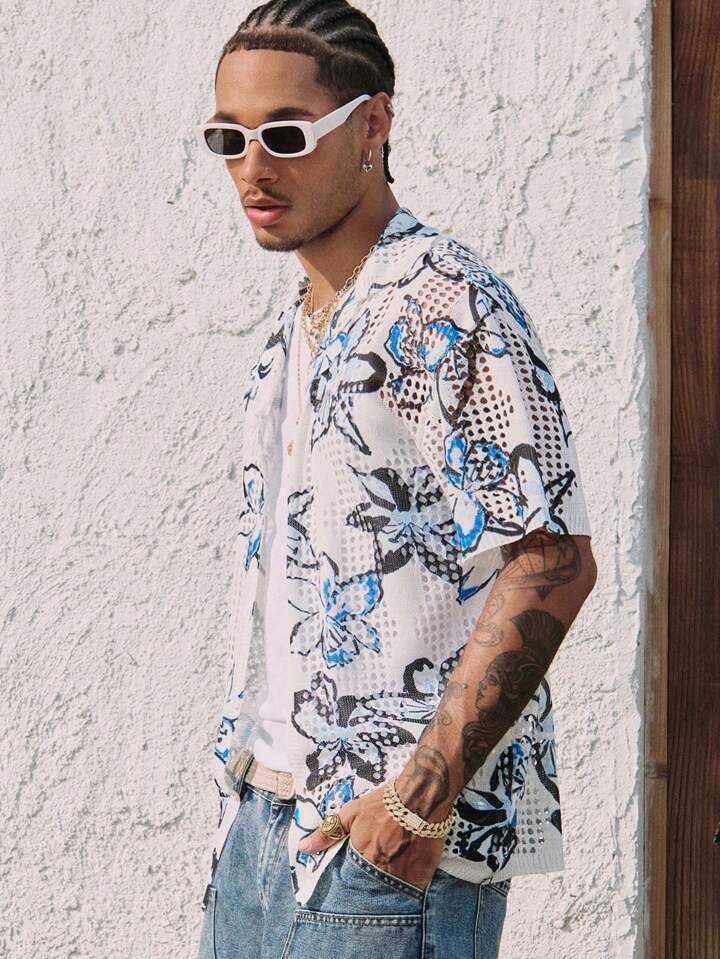 Casual Men's Floral Printed Hollow-Out Knitted Sweater, Vacation