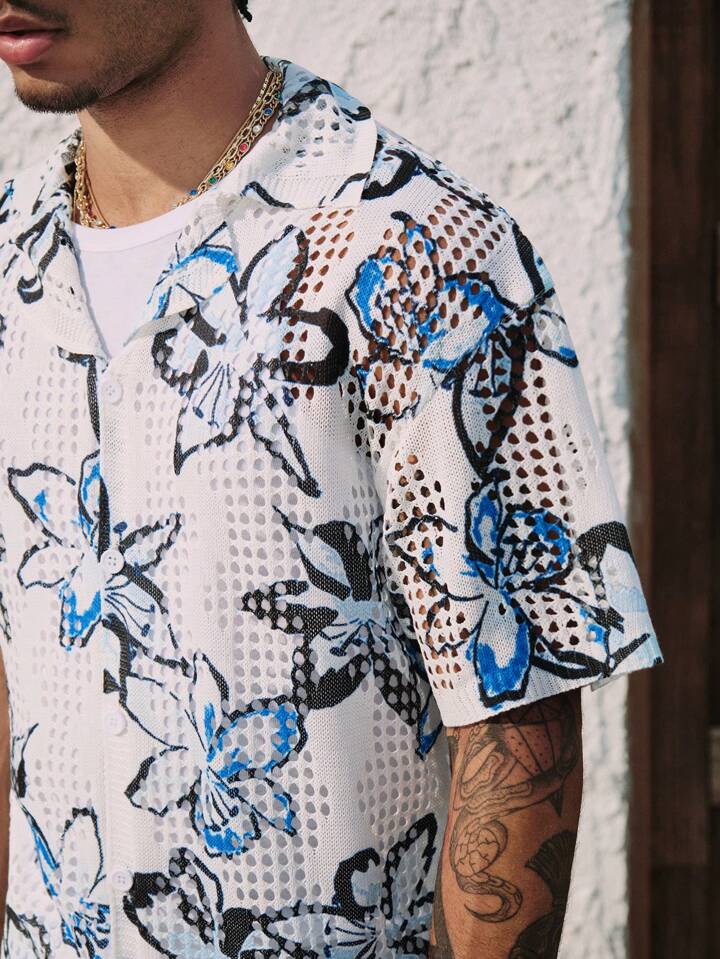 Casual Men's Floral Printed Hollow-Out Knitted Sweater, Vacation