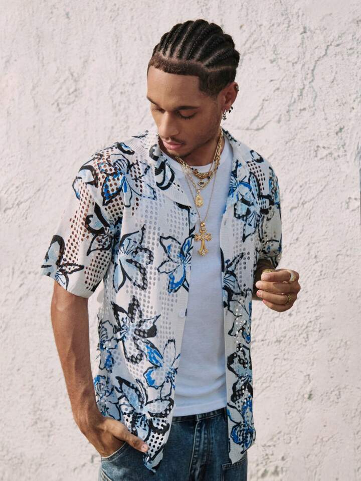 Casual Men's Floral Printed Hollow-Out Knitted Sweater, Vacation