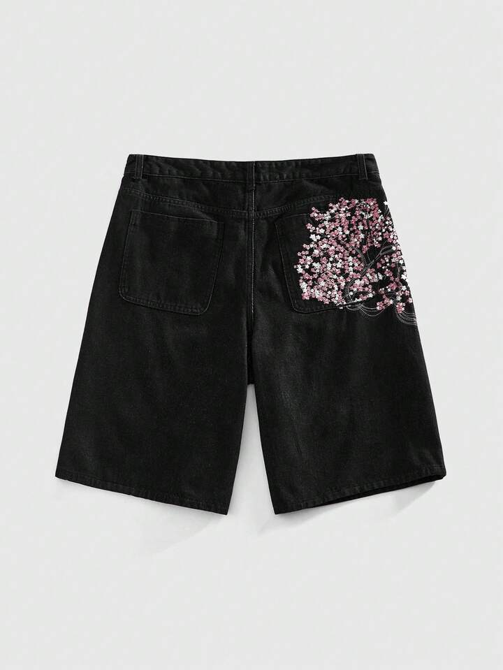 Men's Floral Embroidery Pattern Loose Fit Denim Shorts