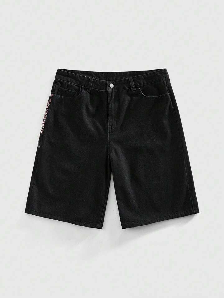 Men's Floral Embroidery Pattern Loose Fit Denim Shorts