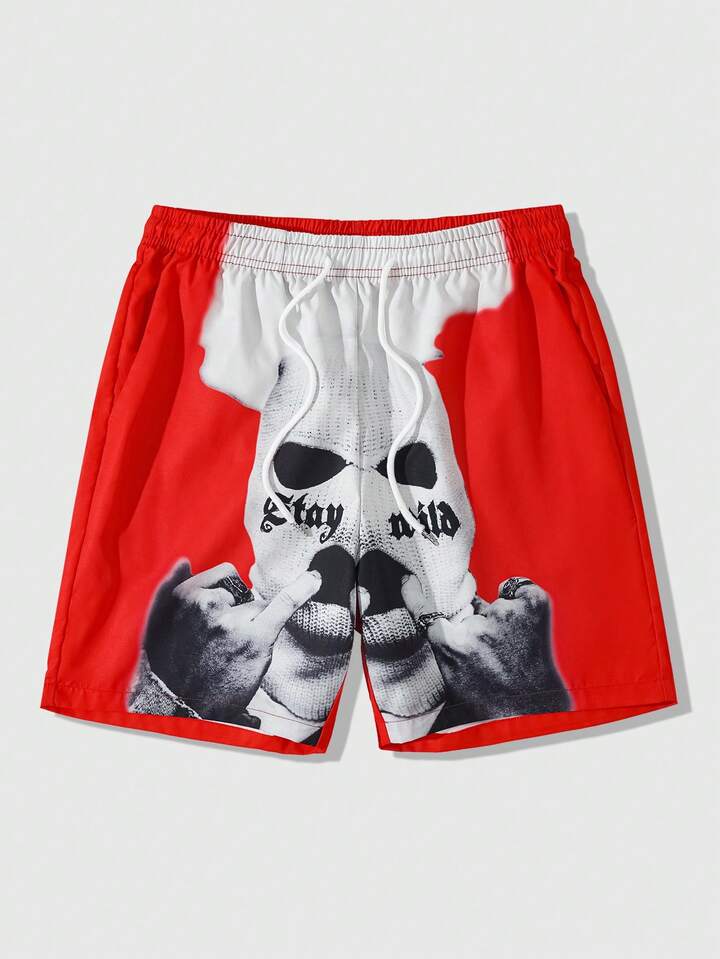 Goth Men's Figure Print Drawstring Waist Pockets Loose Casual Shorts