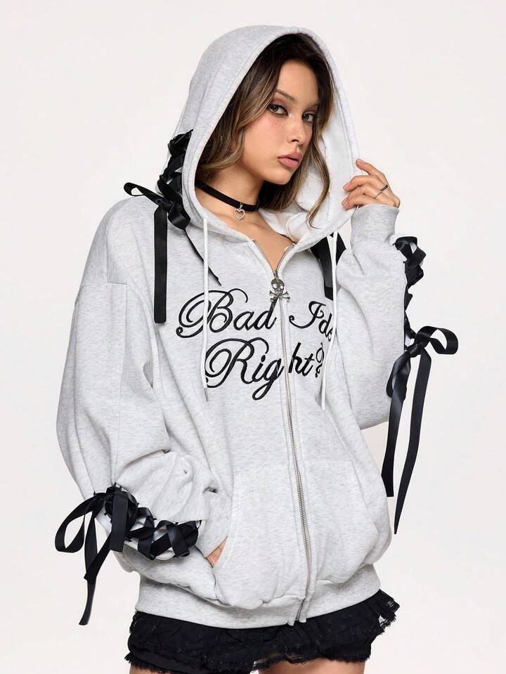 Street Life Street Y2K Style Oversized Two-Tone Ribbon Bow Embroidery Logo Hooded Sweatshirt Sweatshirt For Women Graduation,Back To School Outfits,Graduation,Teacher Outfits For Women,Back To School