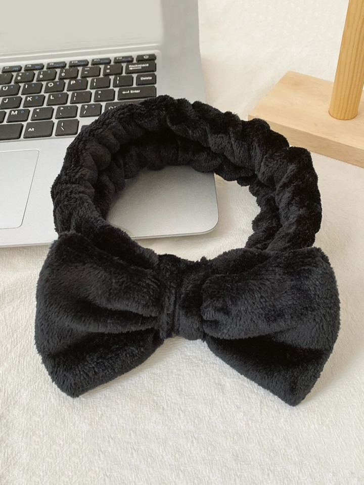 1pc Bow Decor Coral Velvet Bath Headband,Cute Plain Facial Makeup Headband,Suitable For Washing The Face And Making Up Home Bathroom Decor Summer