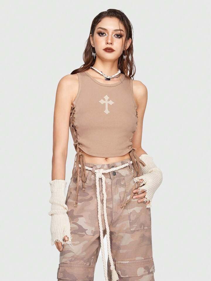 Cross Print Lace Up Side Tank Top