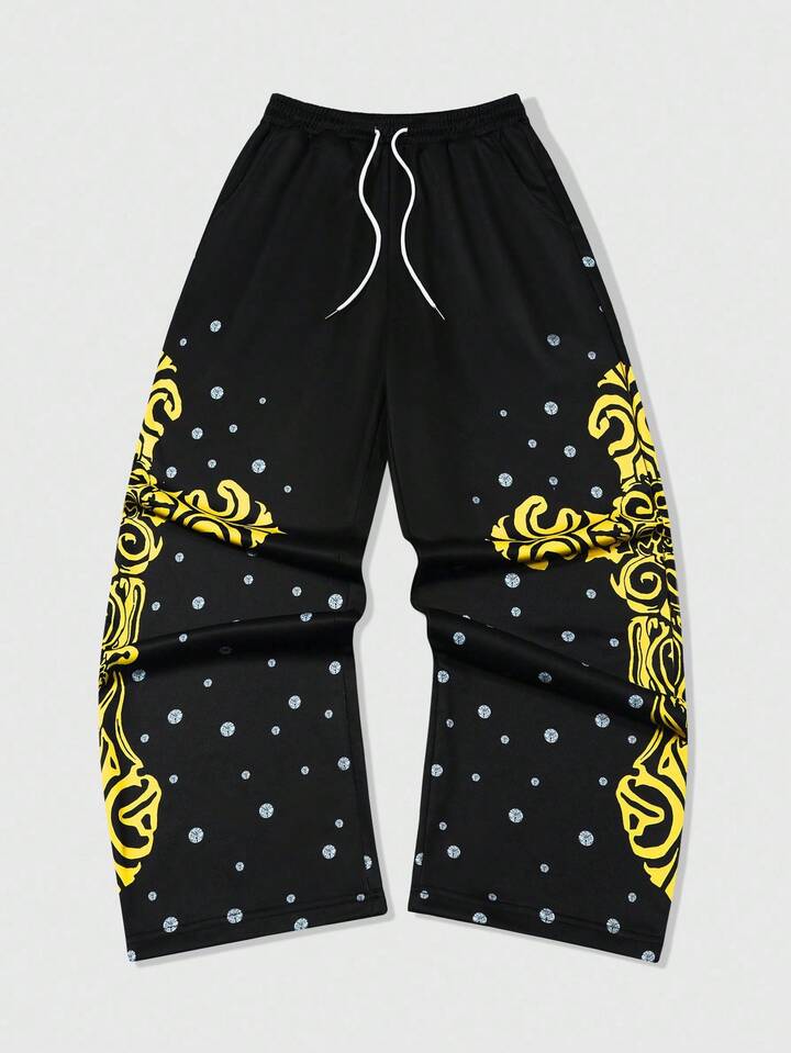Street Life Men's Fashion Casual Street Cross Print Drawstring Waist Straight Leg Pants Halloween, For Fall