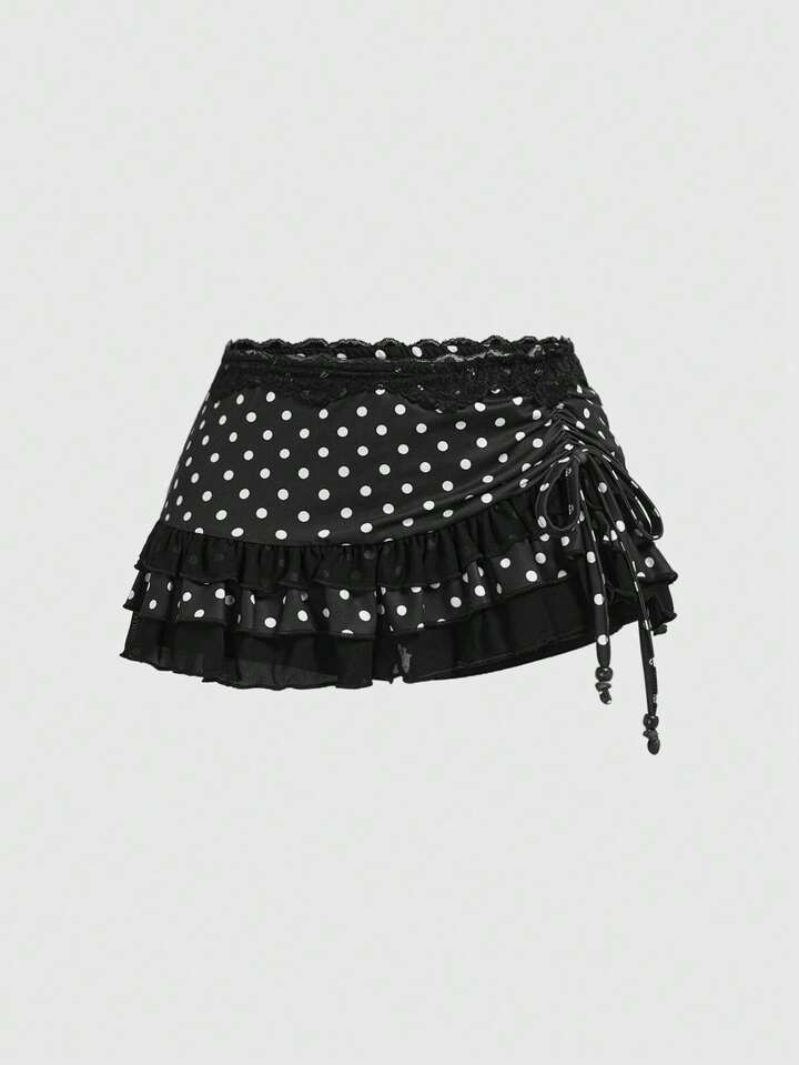 Grunge Punk Vintage Layered Lace Trim Polka Dot Print Low Waist Sexy Ruffled Tie Bow Mini Skirt, Women Spring Break Concert Rave Festival Valentine