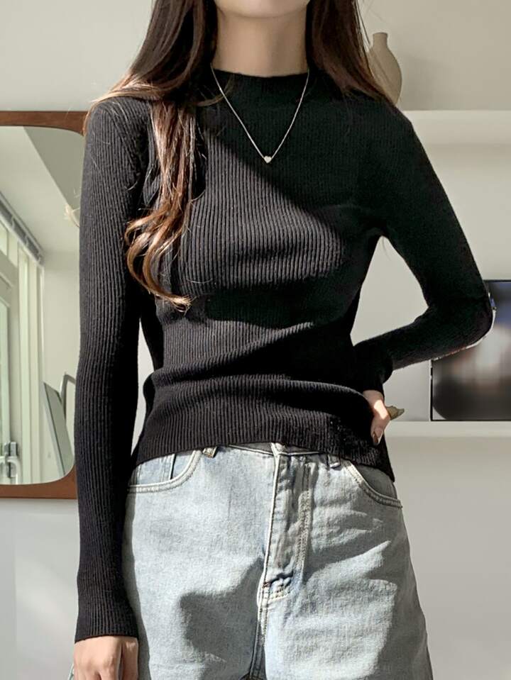 Business Casual Style Solid Color Stand Collar Slim Fit Sweater,Long Sleeve Tops,Fall Clothes