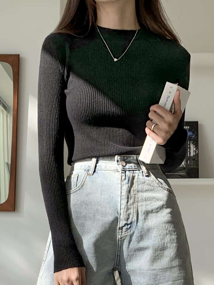 Business Casual Style Solid Color Stand Collar Slim Fit Sweater,Long Sleeve Tops,Fall Clothes 5 Business Casual Style Solid Color Stand Collar Slim Fit Sweater,Long Sleeve Tops,Fall Clothes