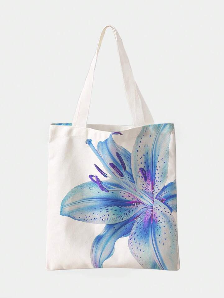 Kawaii Vacation Oversized Floral Pattern Double-Sided Print Canvas Tote Bag, Suitable For Commute And Leisure
