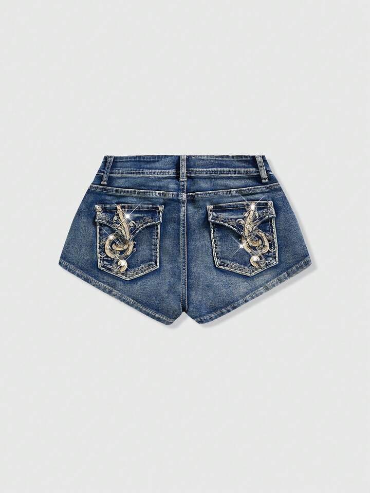 ROMWE Avant Women's Y2K Baddie Vantage Music Note Beaded Embroidery Sexy Low Waist Denim Shorts