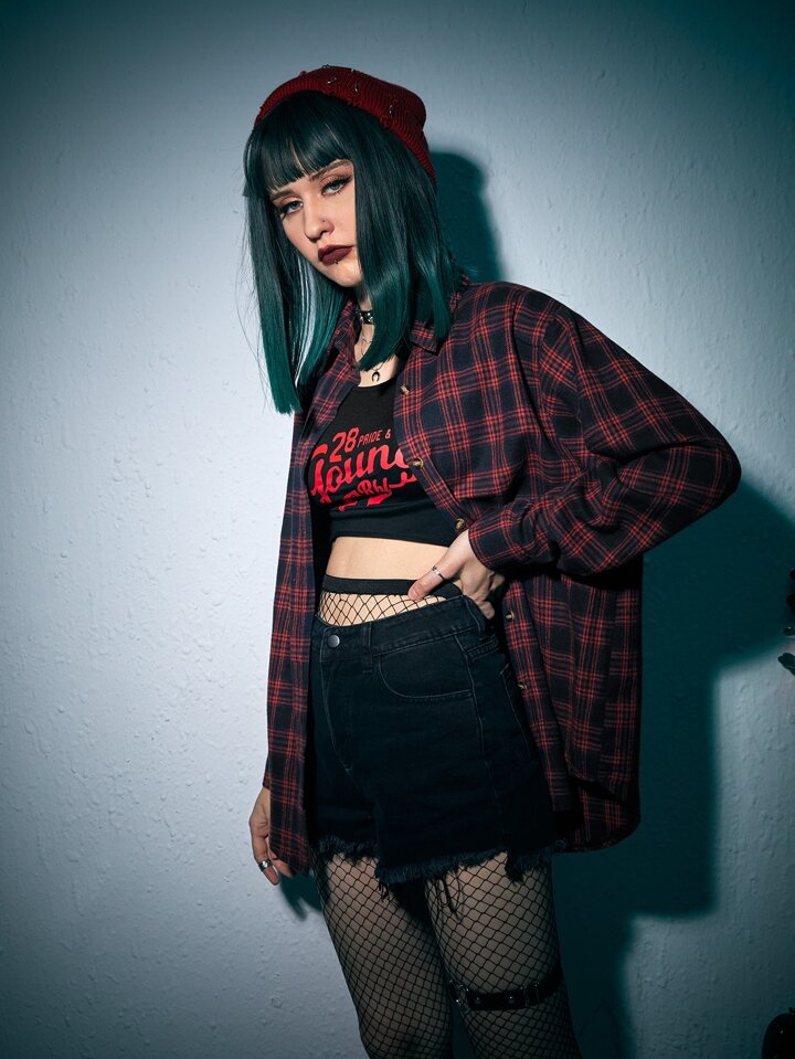 Grunge Punk Kpop Plaid Button Front Shirt