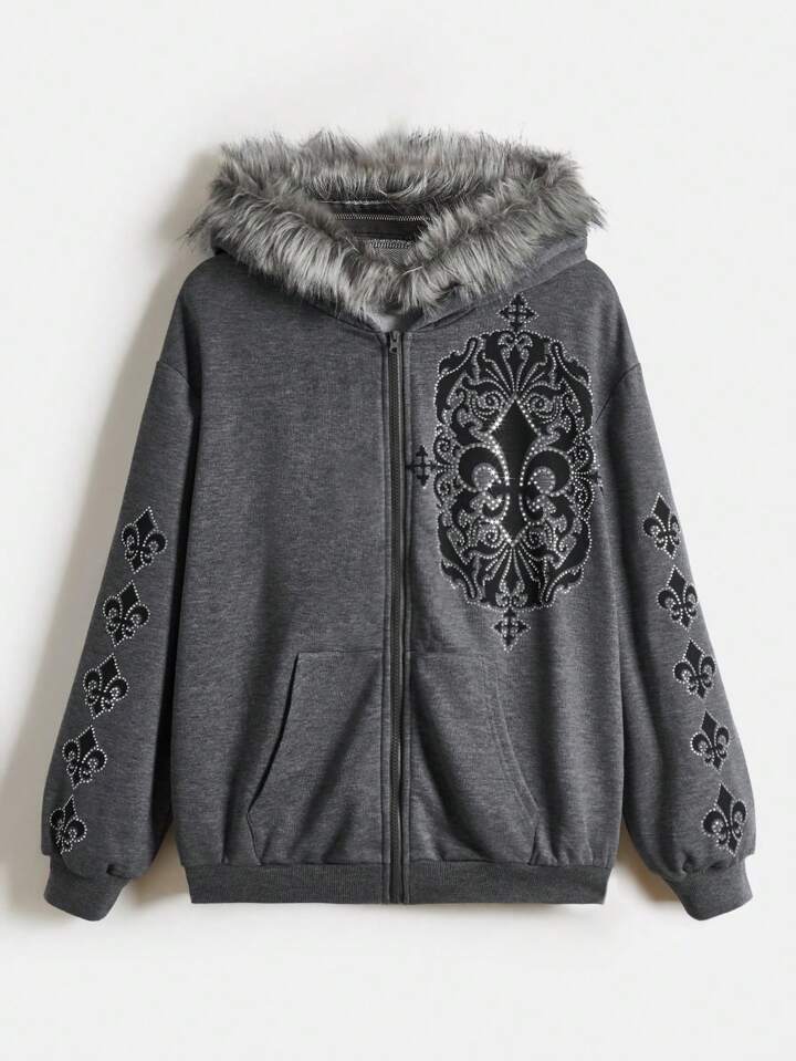 Fairycore Kpop Hooded Sweatshirt With Rhinestone Detailing, Drop Shoulder, Zipper, And Raw Edge Hem, School,Long Sleeve Tops Graduation,Back To School Outfits,Graduation,Teacher Outfits For Women,Back To School