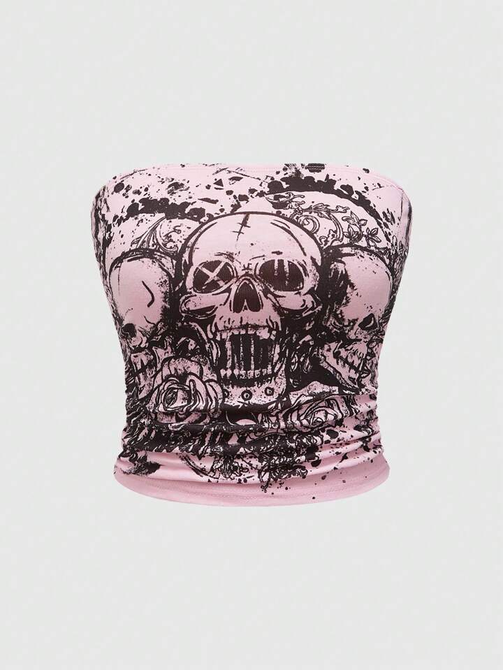Goth Women's Summer Fashion Pink Skull Printed Ruched Slim Fit Bandeau Top