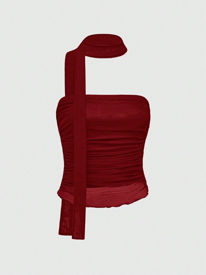 J-Fashion Women's Solid Color Pleated Slim Fit Halter Neck Camisole