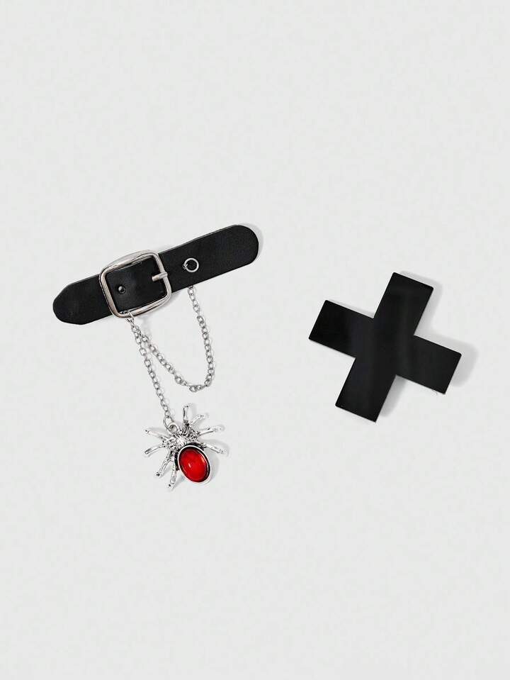 Grunge Punk 2pcs Punk Style Rhinestone Spider Pendant PU Leather Hair Clip + Black Solid Cross Hair Clip, Y2K Halloween High-Quality Solid Color Duck Clip, Niche Design Fashion Hair Accessories