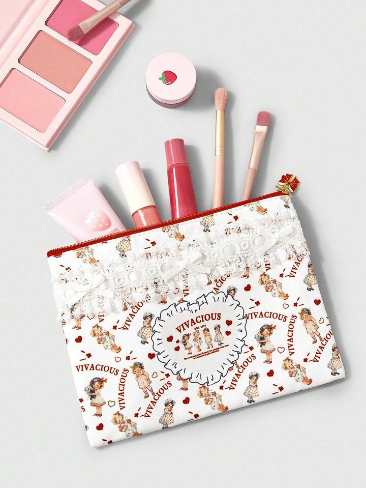 Kawaii Fashionable Butterfly Lace All-Over English & Girl Pattern Makeup Bag With Storage Function