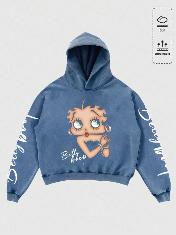 Betty Boop | ROMWE Men's Washed Letter & Figure Graphic Loose Fit Hoodie