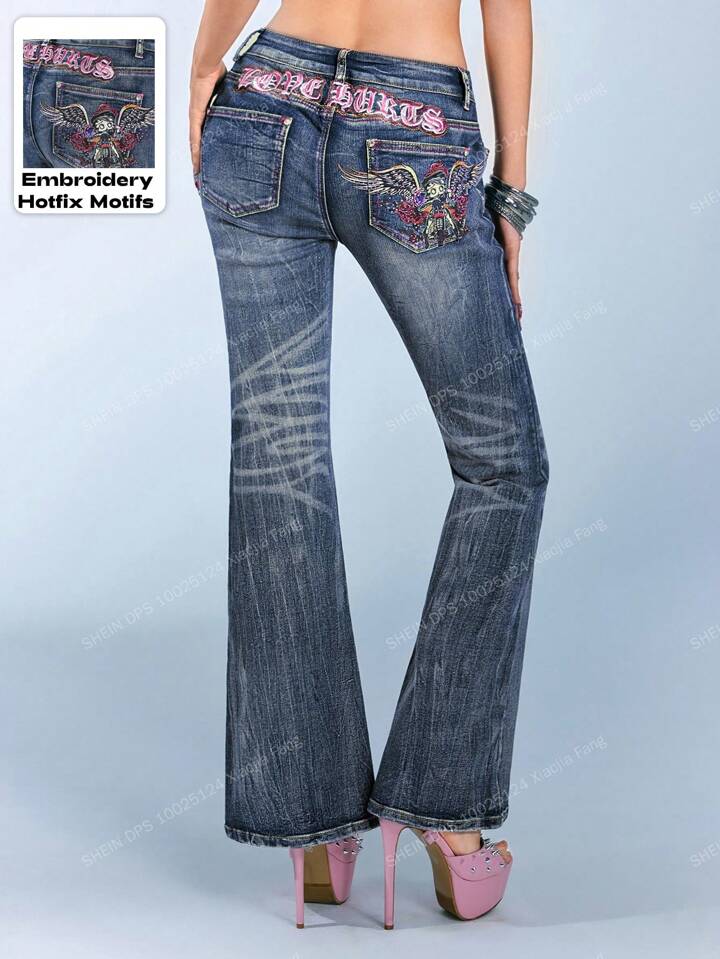 Betty Boop | ROMWE Y2K Biker Chic Rhinestone Wing Cartoon Figure Graphic Distressed Flare Leg Denim Low Waist Jeans