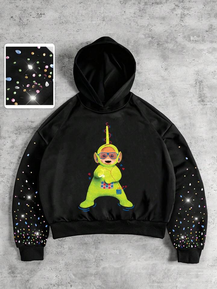 Teletubbies X ROMWE Men's Autumn Dipsy Pattern Rhinestone Embellished Loose Hoodie Sweatshirt, Long Sleeve Top