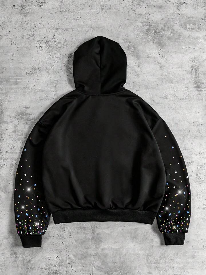 Teletubbies X ROMWE Men's Autumn Dipsy Pattern Rhinestone Embellished Loose Hoodie Sweatshirt, Long Sleeve Top