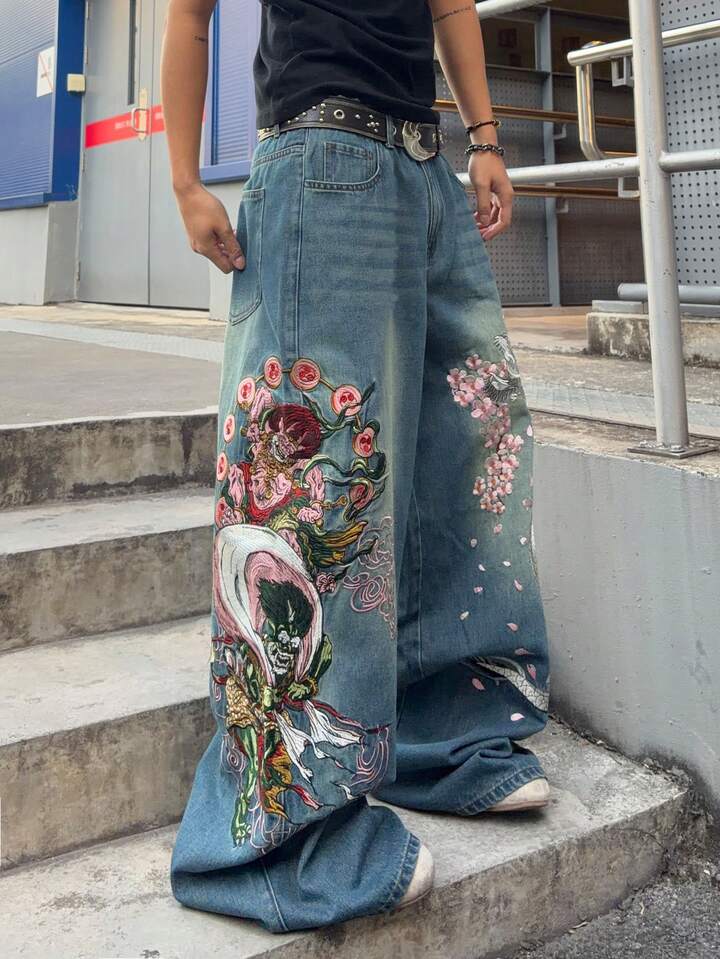 Men's Monster Embroidery Pocket Loose Fit Wide Leg Jeans