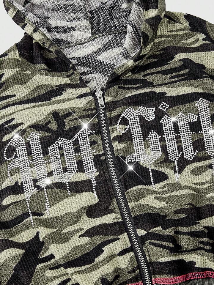 ROMWE Avant Plus Size Y2K Millennium Vintage Rhinestone Camo Print Long Sleeve Sweatshirt/Winter