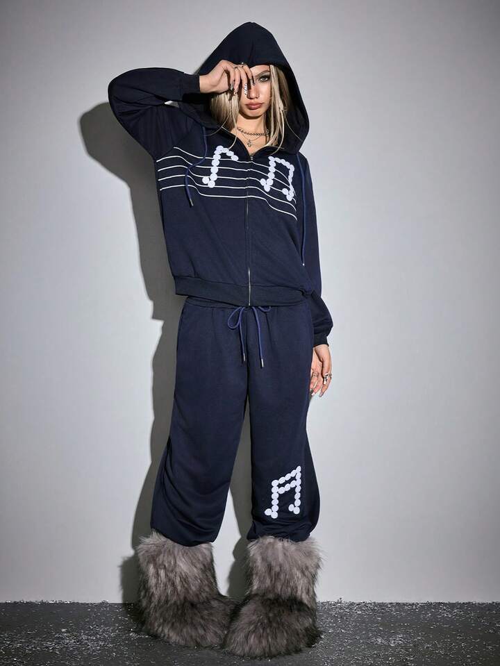 ROMWE Avant 2pcs Women Casual Daily Music Note Print Zip-Up Hoodie Jacket And Pants Set