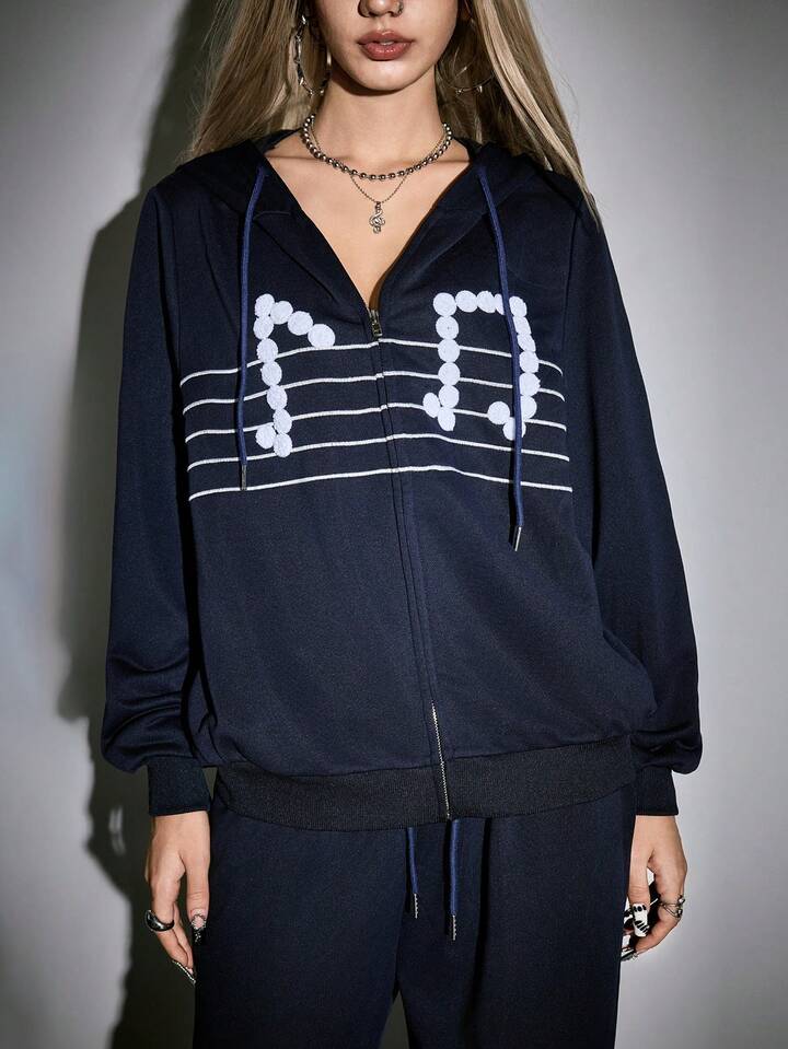 ROMWE Avant 2pcs Women Casual Daily Music Note Print Zip-Up Hoodie Jacket And Pants Set