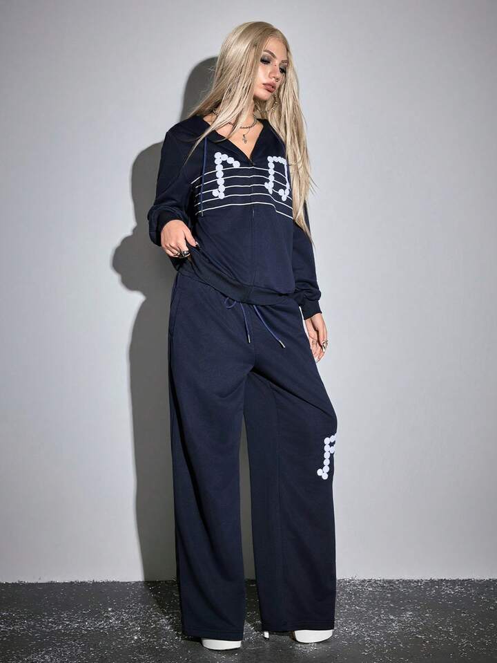 ROMWE Avant 2pcs Women Casual Daily Music Note Print Zip-Up Hoodie Jacket And Pants Set 5 ROMWE Avant 2pcs Women Casual Daily Music Note Print Zip-Up Hoodie Jacket And Pants Set